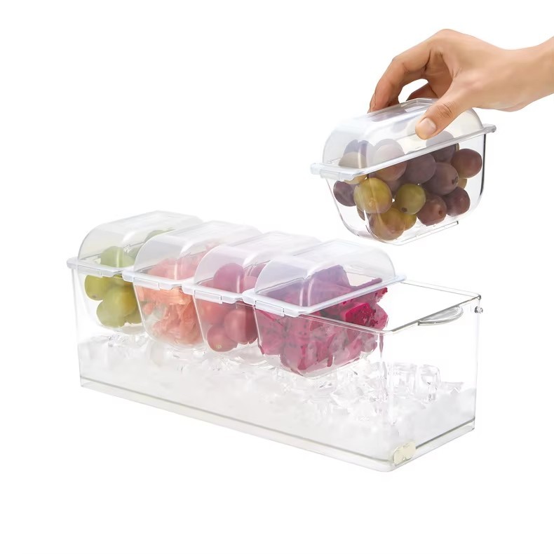 Ice Chilled Condiment Caddy With 5 Removable Containers | Party Serving Platter With Lid | Perfect For Tacos, Salads & Garnishes