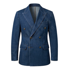 Blazer en denim bleu pour homme, coupe ajustée, veste décontractée à double boutonnage avec fermeture à boutons, coton tissé, couleur unie, style automne - Product Image 1