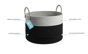 ตะกร้าผ้าห่มสีเทาและสีขาวสำหรับห้องนั่งเล่น ตะกร้าสานขนาดใหญ่สำหรับเก็บของ ตะกร้าเชือกฝ้ายมีหูหิ้ว - Product Image 2