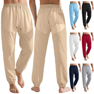 Pantalon en lin à cordon de serrage pour homme, taille élastique, fin, respirant, coupe ample, décontracté, pour usage quotidien et extérieur - Product Image 2