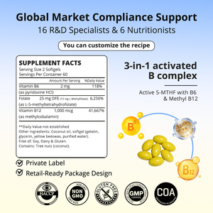 ODM Vente en Gros Marque Privée Personnalisée 5-MTHF 15mg L-Méthylfolate avec Vitamines B6 & B12 Complexe B Haute Puissance Gélules Molles en Vrac - Product Image 2