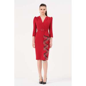 Robe de soirée asymétrique rouge 1610 à col en V avec franges, taille naturelle, faite à la main - Product Image 4