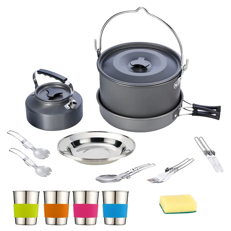 Batterie de cuisine de camping batterie de cuisine de camping portable batterie de cuisine extérieure légère kit de gâchis pot de camping et casseroles antiadhésives pour sac à dos