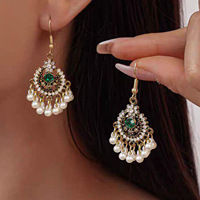 Boucles d'oreilles pendantes en alliage style ethnique avec perles et pampilles, motif fleur de diamant bohème, pour femme, luxe léger et élégant