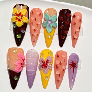 Faux ongles en acrylique à presser, forme stiletto, couvrance totale, motif floral avec strass, avec colle pour mariage et fête - Product Image 3