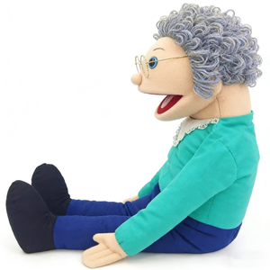 Marioneta de mano personalizada de abuela con boca móvil, marioneta de peluche de señora mayor de cuerpo completo con pelo rizado gris y gafas - Product Image 3