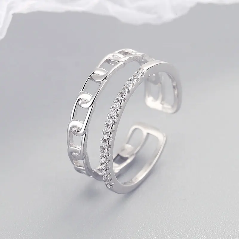 Fijne Sterling Zilveren Ringen Set Custom Sieraden Verstelbare Open Manchet Band Hoge Kwaliteit Cz Steen Zilver 925 Ring Voor vrouwen