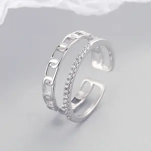 Fine Sterling Silver Finger Rings Set Custom Jewelry Adjustable Open Cuff Band High Quality CZ Stone Silver 925 Ring for Women