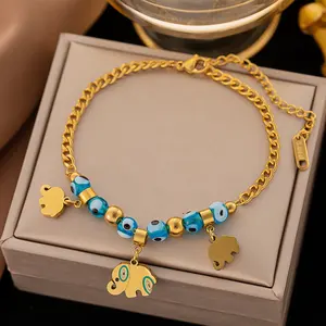 Bijoux personnalisés en acier inoxydable or 18 ct breloque en acier inoxydable fleurs éléphant bracelet femme réglable bleu mauvais œil bracelet