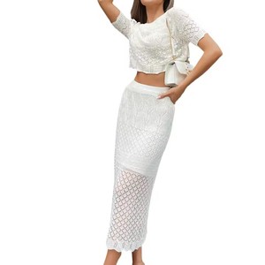 <strong>S</strong> <strong>M</strong> L Knitted Short Sleeved <strong>Skirt</strong> 2 Piece Sets Women Outfit High Waist <strong>and</strong> for Slimming Gentle Sweet Two-piece Set Clothing - Product Image 1