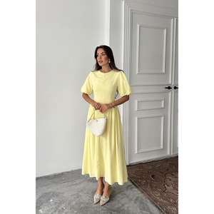 Yellow A-Line Linen Dress O-Neck Puff Sleeve Breathable <b>Wrap</b> <b>Tie</b> Midi Length Women's Dress - Product Image 4