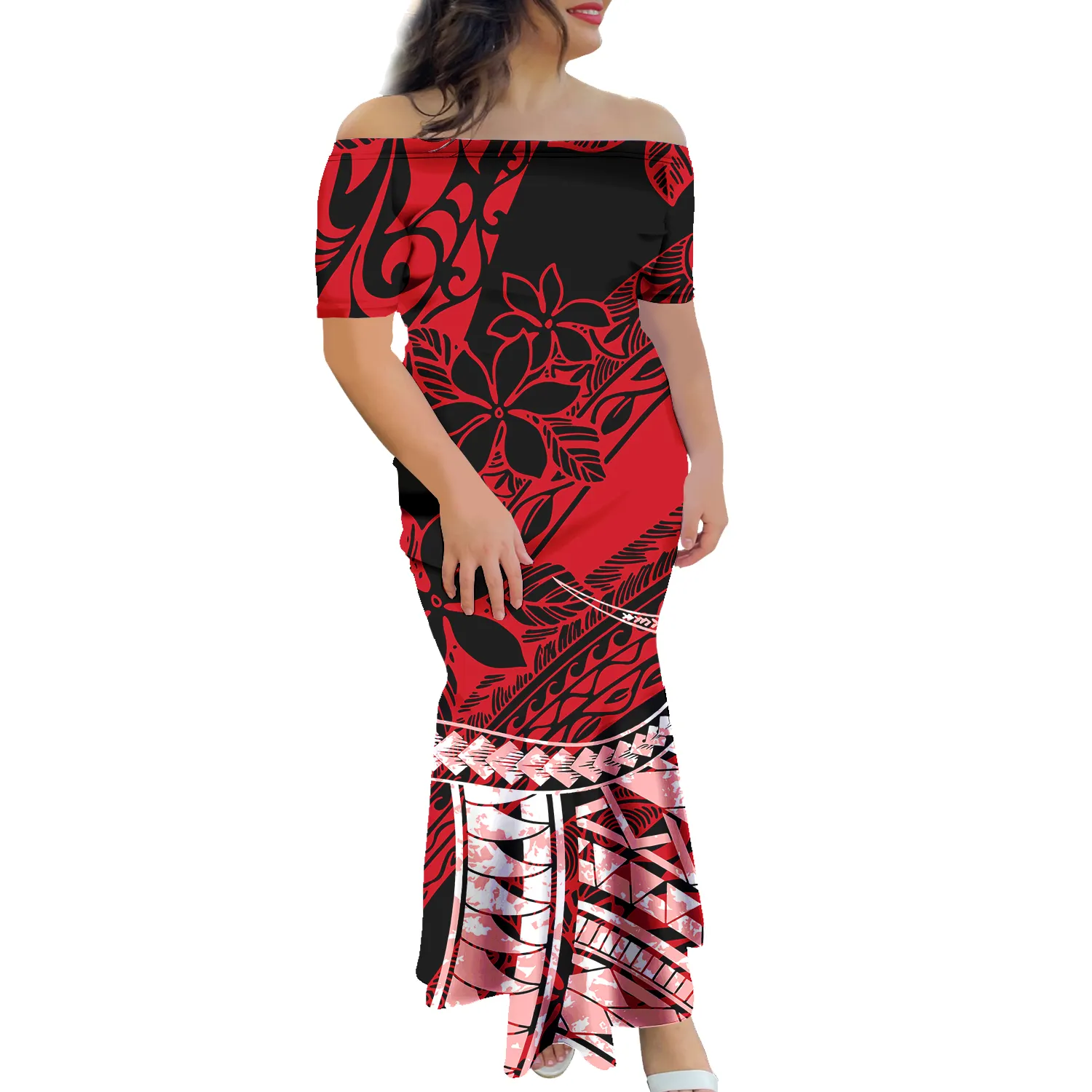 Полинезийское платье-пулетаси, традиционное самоанское платье с узором, платье-Русалка с открытыми плечами, облегающее платье-пулетаси для женщин
