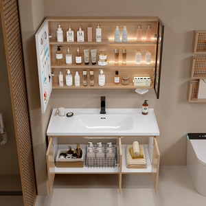 Wall-Mounted Modern Stainless Steel Wood Vanity Combo with <b>Magnifying</b> Mirror Intelligent <b>Lighting</b> Easy to Clean Ceramic Basin - Product Image 3