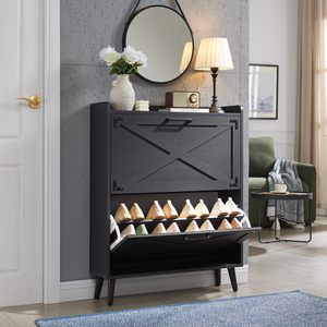Meuble à chaussures moderne autoportant en bois, fin et étroit, avec rangement dissimulé pour entrée - Product Image 1