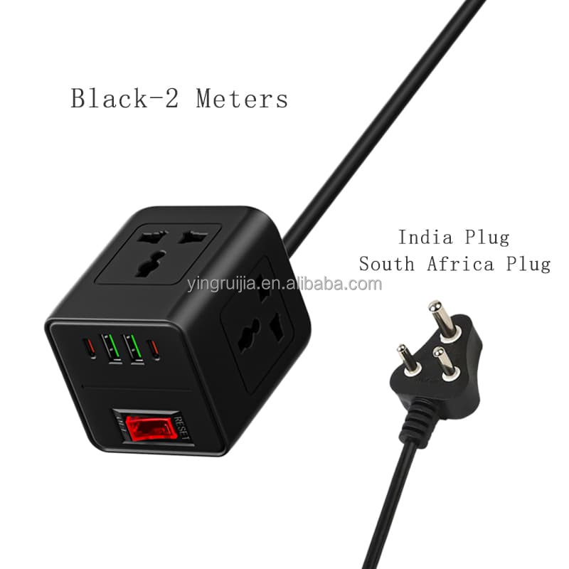 Negro 2 metros-Enchufe Universal-Enchufe DE LA India