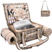 Panier de pique-nique en osier couleur miel, support de rangement en cuir, panier rond en rotin pour voyage, paniers d'été rose clair, ensemble pour 4 personnes, glacière