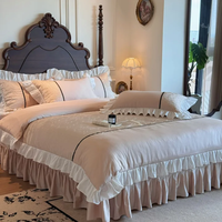 Parure de lit en coton premium à volants, beige rose, avec bordure en dentelle jacquard et passepoil, 4 pièces (housse de couette, drap, taies d'oreiller)