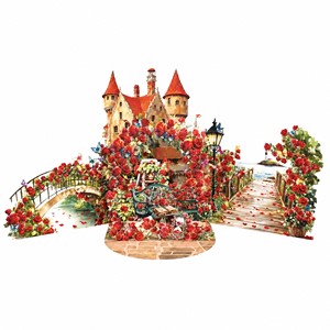 Carte de vœux personnalisée en papier fait main, pliante en trois parties, motif château de roses 3D, pour Noël et les fêtes - Product Image 1
