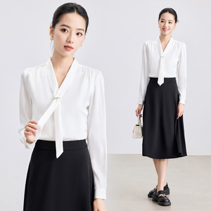 Women's Satin V-Neck Long Sleeve Shirt With <b>Tie</b> Front Office Blouse Solid Color Professional Top For Work Spring Autumn - Product Image 3