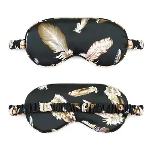 Black Sleep Eyemask With Logo Wholesale Fashion Feather Print Blackout Sleeping Satin Silk Eye Mask