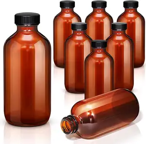 Bouteille en verre ronde de Boston de 8 oz avec bouchon en polyéthylène noir, bouteille en verre ambré brun pour l'extrait de <span class=keywords><strong>vanille</strong></span> <span class=keywords><strong>maison</strong></span>, l'huile essentielle - Product Image 1