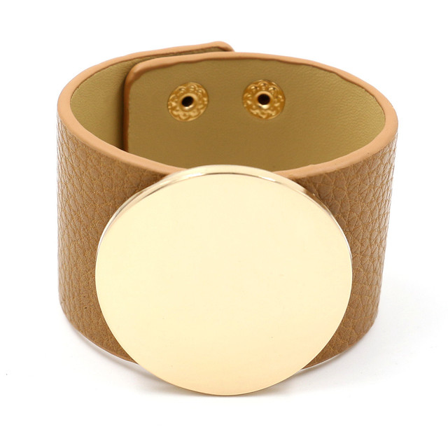 TRENDY Women's Gold Plated Round Mirror Cuff Bracelet Wide Metal PU Leather with Luxury Style for Gifts Weddings or Parties