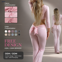 Ensemble 2 pièces personnalisé pour femme en coton et élasthanne, rose, avec crop top dos nu et pantalon taille haute à nouer, tenue de sport et yoga