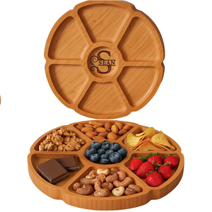 Assiette ronde en bambou pour fête, assiette à dîner, assiette à 7 compartiments, assiette ronde pour noix, bonbons, fruits, en-cas, <span class=keywords><strong>plateau</strong></span> de service alimentaire avec séparateurs - Product Image 1