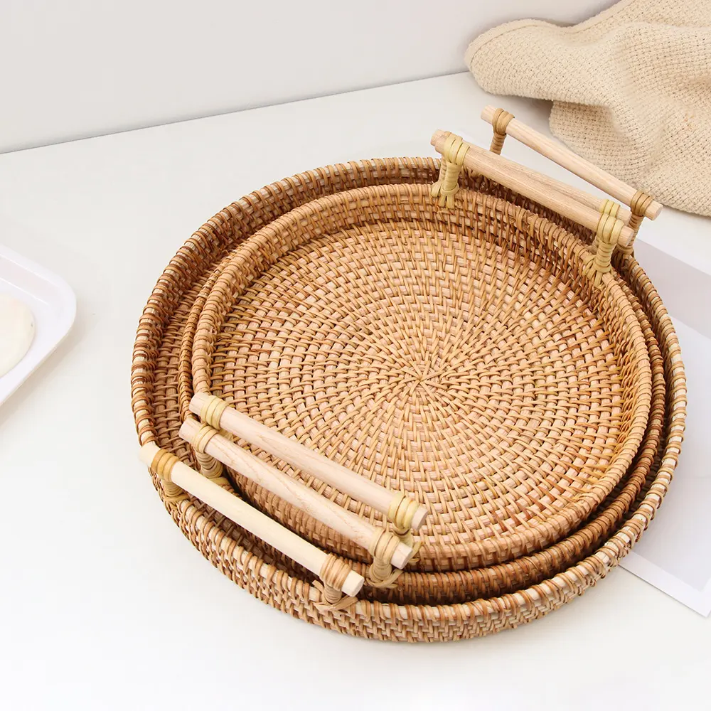 Rotan Handwoven Bulat Nampan dengan Pegangan Buah Keranjang Penyimpanan Makanan Dinding Tinggi Memotong Piring untuk Sarapan Minum Camilan Kopi