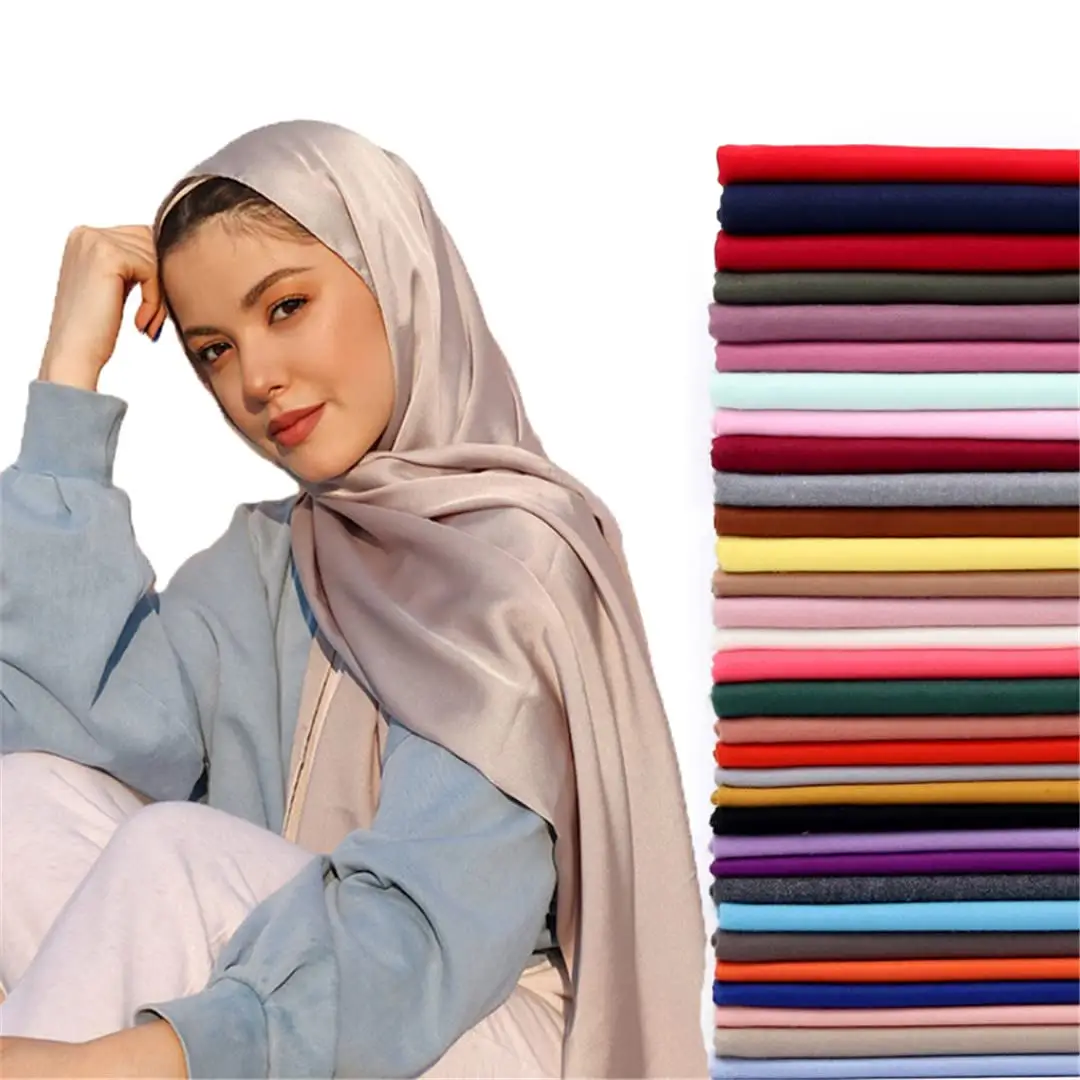 CCY Amazon Hot Custom 100% Silk Scarf Muslim Women 's Scarves Fashion Satin Hijabs Hair Scarf Long Shawls for Musulman Islamic
