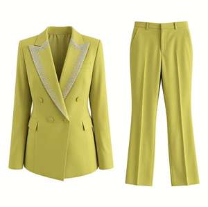 Traje de Dos Piezas para Mujer, <span class=keywords><strong>Blazer</strong></span> Cruzado con Pedrería <span class=keywords><strong>Verde</strong></span> <span class=keywords><strong>Lima</strong></span> y Pantalones Acampanados - Product Image 3