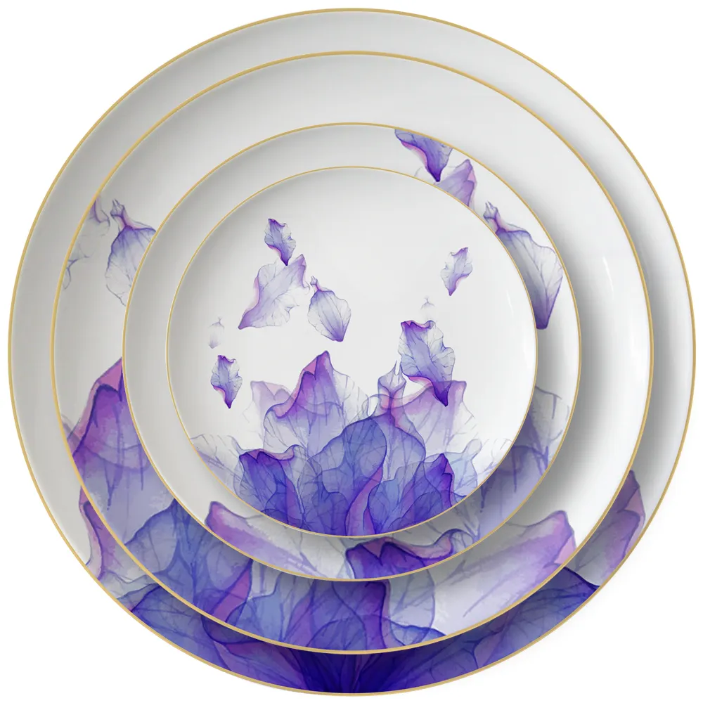 Gold Rim Bone China Dinnerware Elegant Romantic Purple Pattern Ceramic Plate Dish