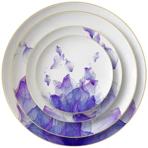 Gold Rim Bone China Dinnerware Elegant Romantic Purple Pattern Ceramic Plate Dish