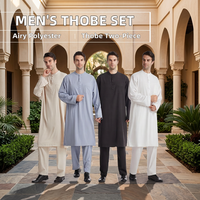 Ensemble de vêtements islamiques pour hommes, kurta pyjama, thobe, col rond, manches longues et pantalon, robe musulmane unie, respirante, en polyester