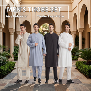 Islamic <b>Men</b> <b>Thobe</b> Set Round Neck Long Sleeve and Pants Solid Muslim Robe Suit Breathable Polyester - Product Image 1