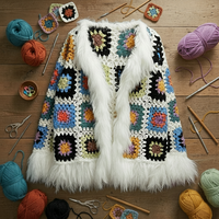 Cardigan Bohème Femme Tricoté à la Main avec Blocs de Couleurs Géométriques, Manches Longues, Personnalisable, Manteau Pull en Tricot avec Longues Franges