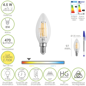 Bombilla LED de Filamento con Rosca E14 4.5 Vatios. Equivalente a 40 vatios. 470 lúmenes. Blanco Cálido (2700K). - Product Image 1