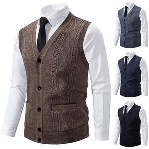 Sweater rompi hitam tanpa lengan pria, perdagangan luar negeri rajutan hangat leher V desain nyaman kantor modis musim dingin - Product Image 1