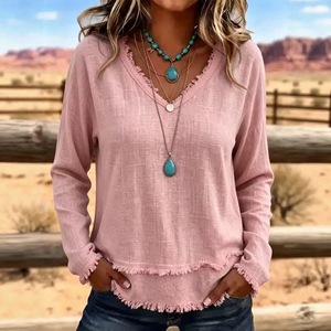 6462 Camicetta da Donna con Scollo a V e <span class=keywords><strong>Frange</strong></span>, Maniche Lunghe, Tinta Unita, Vestibilità Ampia, Pullover Casual per l'Estate e l'Uso Quotidiano - Product Image 1