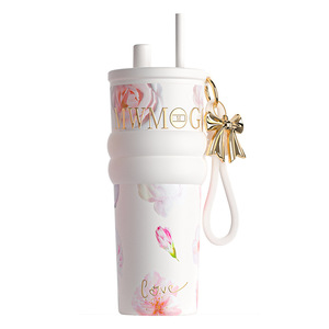 Floral Design <b>Thermos</b> Cup With Straw Ceramic Inner Liner Large Capacity Gift For Birthday Or Mid Autumn Festival - Product Image 1