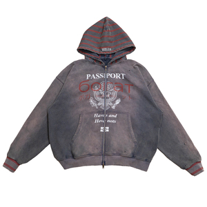 Sudadera con capucha y cremallera TOPSHOW personalizada, estilo vintage, de tela gruesa, con efecto desgastado, para hombre, talla grande, lavado ácido, estilo urbano, con gráficos. - Product Image 1