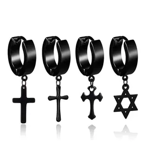 New Women MenのStainless Steel Dropping Earrings Black/Silver Color Cross Gothic Punk Jewelry