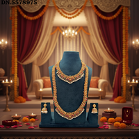 Parure de collier longue traditionnelle indienne du sud pour mariée, en alliage plaqué or avec boucles d'oreilles en zircon, style vintage pour fiançailles, mariage et fêtes