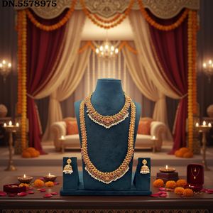 Traditional South <b>Indian</b> Temple Long Bridal Necklace Set Alloy Gold Plated Zircon Earrings Vintage Engagement Wedding - Product Image 3