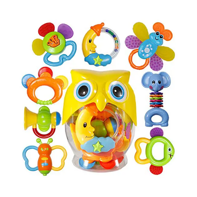 Juegos de sonajero para bebé juguetes de sonajeros para mordedores, 8pcs bebés Grab Shaker y Spin Rattle Toy juguetes educativos tempranos con regalos de botella de búho