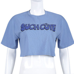 Nouvelle mode drôle femmes <span class=keywords><strong>basique</strong></span> plaine col rond manches courtes Crop T-<span class=keywords><strong>Shirt</strong></span> lettre graphique impression t-shirts doux bleu décontracté t-shirts - Product Image 6
