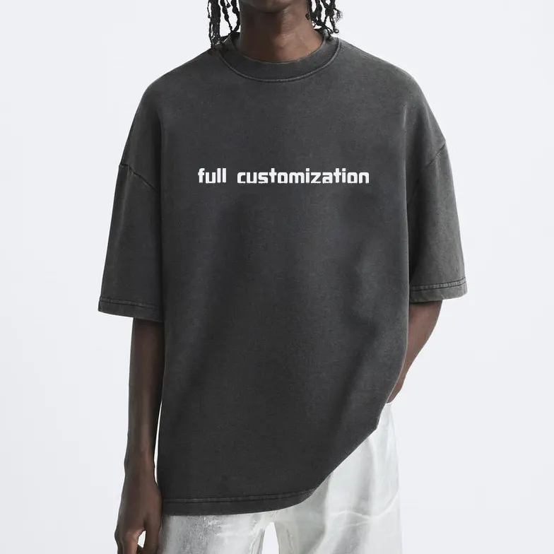 Kaus pria logo kustom 100% katun kosong ukuran besar kualitas tinggi kaus berat leher rib streetwear untuk pria
