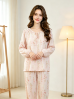 Pyjama long de luxe pour femme en fibre de bambou, léger et respirant, haut à manches longues et pantalon à taille élastique, collection printemps/été