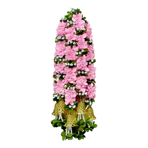 พวงมาลัยดอกไม้สีชมพูประดิษฐ์พร้อมกระดิ่งสีทอง ประดับตกแต่งแบบแขวนสำหรับงานแต่งงาน เทศกาล บ้าน วัด - Product Image 1
