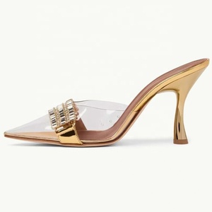 Mules à talons fins en PVC pour femmes, sandales transparentes à diamants, chaussures sexy et tendance, pantoufles de soirée argentées pour femmes - Product Image 2